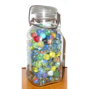 VTG Quart Mason Jar of Glass Marbles Royal Crown Wire Bail Closure Embossed Full